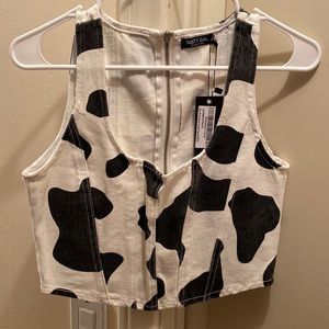 Cow print denim zip up corset